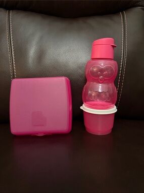 Tupperware Pink Kids Snack Box and Owl Bottle Set